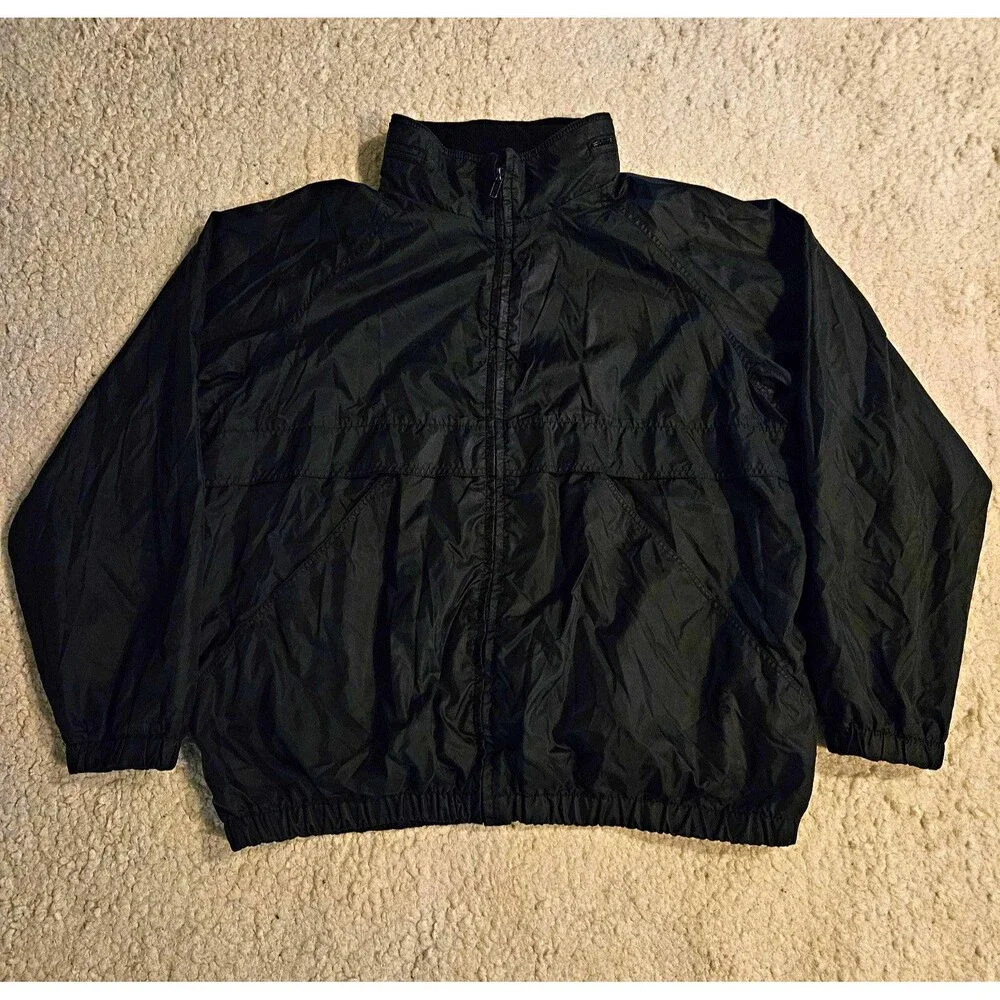 VTG 90s Windbreaker Jacket Mens XL Black Full Zip Stowable Hood Russian Made CS